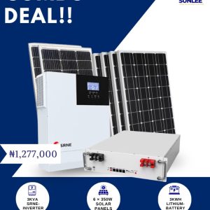 3kVA Complete Solar System. 3kVA SRNE-Inverter + 3kWh Lithium Battery + 6x350W Solar Panels
