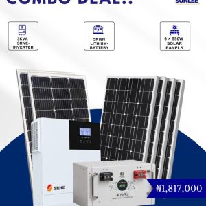 3kVA Complete Solar System. 3kVA SRNE-Inverter + 5kWh Lithium Battery + 6x550W Solar Panels